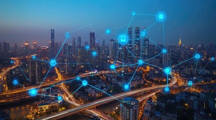Poster - Businessman analyzing AI-driven data networks in a smart city, showcasing machine learning role in urban development.