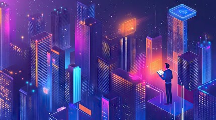 Poster - Businessman analyzing AI-driven data networks in a smart city, showcasing machine learning role in urban development.