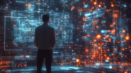 Poster - businessman working on ai-driven data on a digital screen, visualizing big data, analytics, and inno