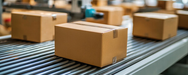 Poster - A conveyor belt with several brown boxes on it. The boxes are lined up and appear to be in the process of being sorted or packaged. The conveyor belt is moving