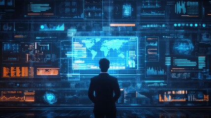 Poster - Businessperson analyzing an innovation scorecard, tracking product performance and success metrics, with focus on data-driven insights.