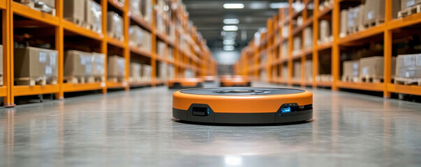 Poster - A robot is standing in a large warehouse with orange shelves. The robot is orange and black in color. It is positioned in the middle of the warehouse, surrounded by numerous boxes and shelves