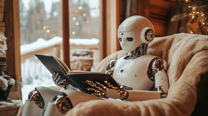 Poster - A robot is sitting on a chair reading a book. The robot is white and has a robotic appearance. The scene is set in a cozy room with a window and a Christmas tree