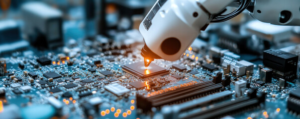 Poster - A robot is working on a circuit board, with a light on the robot's head. The robot is focused on its task, and the image conveys a sense of precision and efficiency