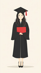 Poster - A woman in a black graduation gown holding a red graduation cap and a red graduation certificate. She is smiling and looking happy