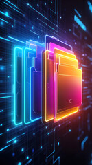 Poster - A colorful stack of electronic devices with a neon blue background. The devices are arranged in a way that they appear to be stacked on top of each other. Concept of technology and innovation