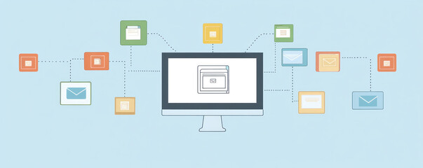 Poster - a computer monitor with many emails and other icons on it. the idea of the image is that of a busy w