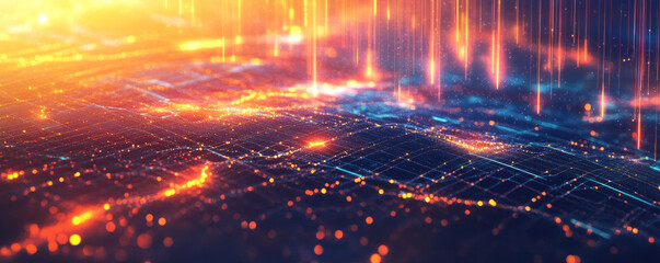 Poster - a computer generated image of a city with a bright orange sky and a blue background. the city is fil