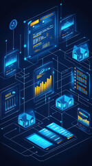 Poster - A blue and white image of a computer screen with many different icons and windows. The image is of a computer network with many different devices connected to it. Scene is one of technology