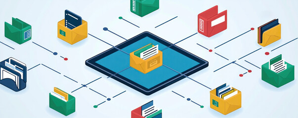 Poster - a computer screen shows a network of folders and files, with a yellow folder in the center. the fold