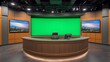 © Syukra - modern news studio with an anchor desk in the foreground and a large greenscreen wall behind it. LED panel lighting creates an even