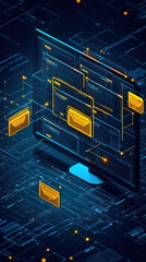 Poster - A computer monitor displays a complex network of data, with various icons and windows scattered across the screen. Concept of technological complexity and the vastness of the digital world