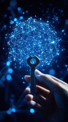Poster - A hand holding a key in front of a blue background with a lot of stars. Concept of mystery and wonder, as the key is a symbol of unlocking secrets and hidden knowledge