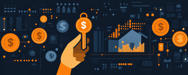 Poster - A hand holding a key with a bunch of coins and dollar signs in the background. Concept of wealth and financial success