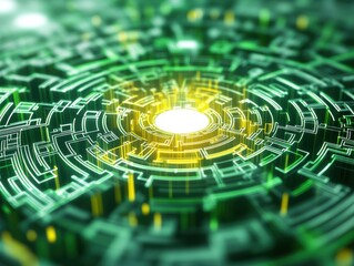 Abstract digital maze design with vibrant green and yellow highlights, symbolizing complexity and technology in a modern world.