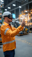 Poster - A man in an orange safety jacket is wearing a virtual reality headset and pointing at a computer screen