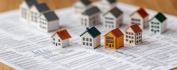 Poster - A group of small houses are on top of a piece of paper. The houses are arranged in a row and are of different sizes. The paper is on a wooden table