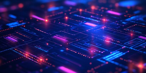 Fototapete - Abstract digital circuit board with glowing lines and dots in blue, pink and red.
