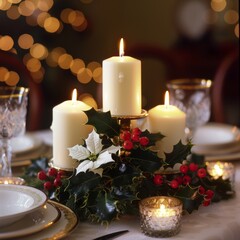 Wall Mural - A table with candles and a vase of flowers. The table setting is for a holiday dinner