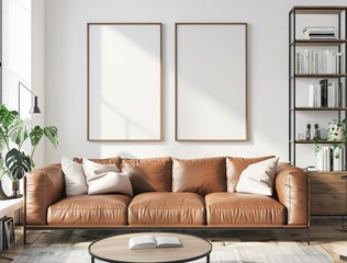 A modern living room with a brown leather sofa. two empty frames. and a bookshelf