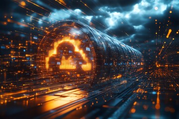 Fototapete - A futuristic tunnel with a glowing cloud symbol at the end, representing the digital world.