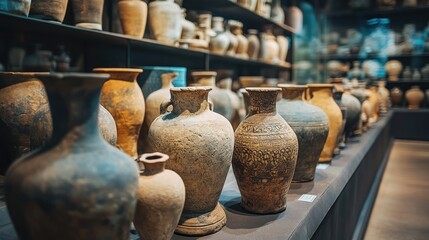 A collection of ancient pottery vessels displayed on shelves in a museum.