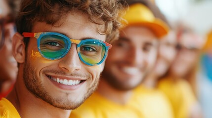 Wall Mural - A cheerful young man with colorful sunglasses enjoys a bright day outdoors, radiating positivity and joy, capturing a moment of youthful exuberance and happiness.