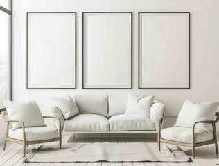 Minimalist living room interior design with a white sofa and two armchairs. three empty frames on the wall. and a rug on the floor