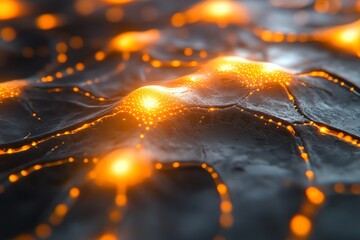 Poster - Abstract dark background with glowing orange particles forming a textured surface.