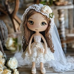 Crocheted doll bride hand made beautiful nice cute lovely girl handmade decor art craft picture 