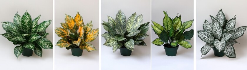 Five decorative potted plants showcasing different leaf patterns and colors.