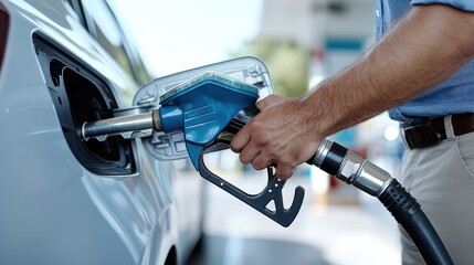 An individual refuels a car with a blue pump at a gas station, capturing the modern interaction between humans and technology in transportation.