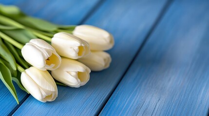 A close-up of six white tulips laid on a vibrant blue wooden surface, showcasing their delicate petals and contrasting beautifully against the background.