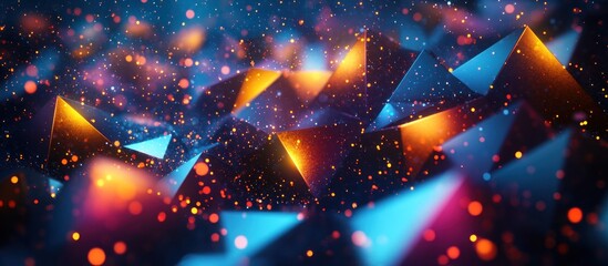 Abstract geometric pattern of blue and orange triangles with bokeh lights.