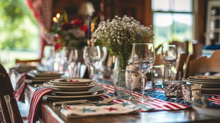 Wall Mural - Memorial Day celebration table adorned with USA map tablecloth and napkins.