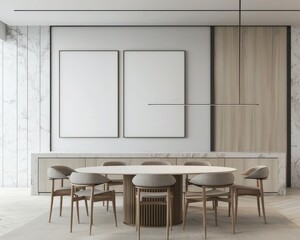 Minimalist dining room interior with a large round table. eight chairs. and two blank frames on the wall The walls are white and marble. and the floor is a light wood