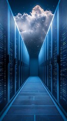 Aufkleber - A long hallway of server racks in a data center with a cloudy night sky overhead.