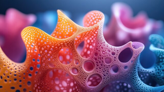 Abstract 3D rendering of a colorful organic structure with holes and curves.