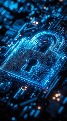 Aufkleber - A glowing blue padlock on a circuit board, representing digital security.