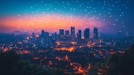 Poster - A modern cityscape at dusk with a network of glowing lines connecting the buildings, representing the flow of information and connectivity in a digital world.