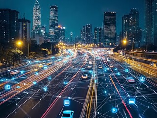 Poster - A city skyline at night with cars driving on a highway, with a network of lines and icons representing digital connectivity.