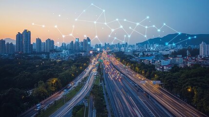 Aufkleber - Aerial view of a city at dusk with a network of connected lines over the skyline.