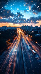 Fototapete - An aerial view of a highway with traffic lights at night, with a network of lines and dots representing the internet or social media connections above.