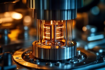 Poster - close-up of a glowing object in a laboratory setting with metal machinery surrounding it.