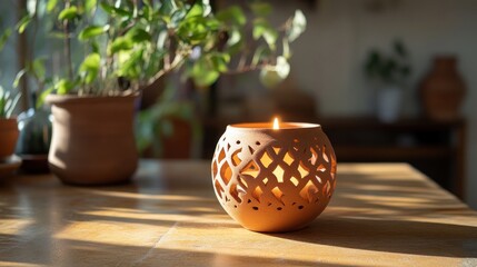 Wall Mural - A lit candle in a decorative clay holder sits on a wooden table with a potted plant in the background.