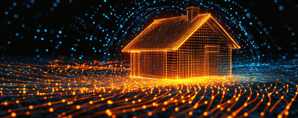 Poster - A house is lit up with orange lights and is surrounded by a field of glowing dots. The house appears to be in a futuristic setting, with the glowing dots surrounding it like a protective shield