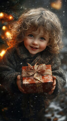 A young girl is holding a red box with a bow on it. She is smiling and she is excited about the gift. Concept of joy and anticipation for the recipient of the present