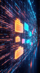 Poster - A colorful, neon-lit display of folders and files. The display is made up of many different colored squares, each one representing a folder or file. The display is very bright and eye-catching