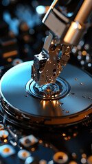 Poster - A robot is poking a disc drive. The disc drive is silver and has a black rim. The robot is metallic and has a shiny appearance
