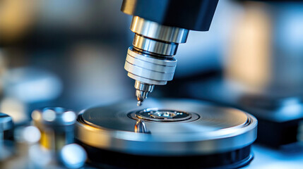 Poster - A microscope is focused on a small object. The object is a small disk with a hole in the center